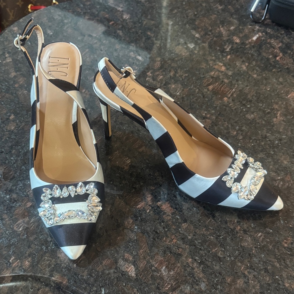 INC International Concepts Black/ White Fabric Striped Heels with Embellishment